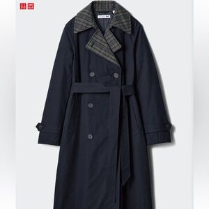 JW ANDERSON Navy Trench Coat with Plaid Collar
